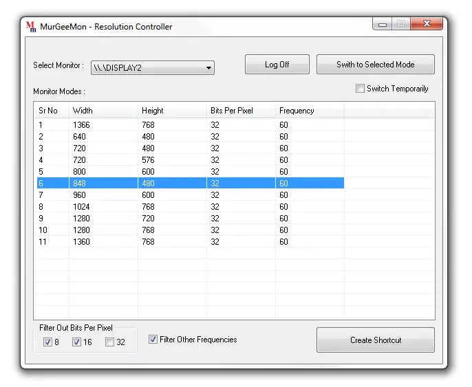 Screenshot displaying main window Resolution Controller for Dual Monitors
