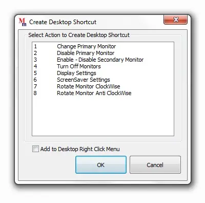Screenshot displays a window to create shortcut on desktop to control dual monitor(s)