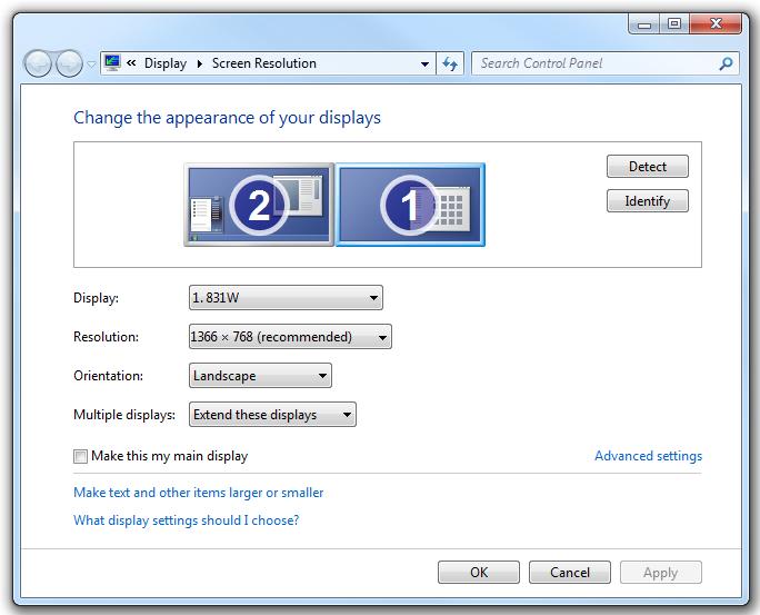 Screen Resolution settings of Windows 7 to extend display in dual monitor computer