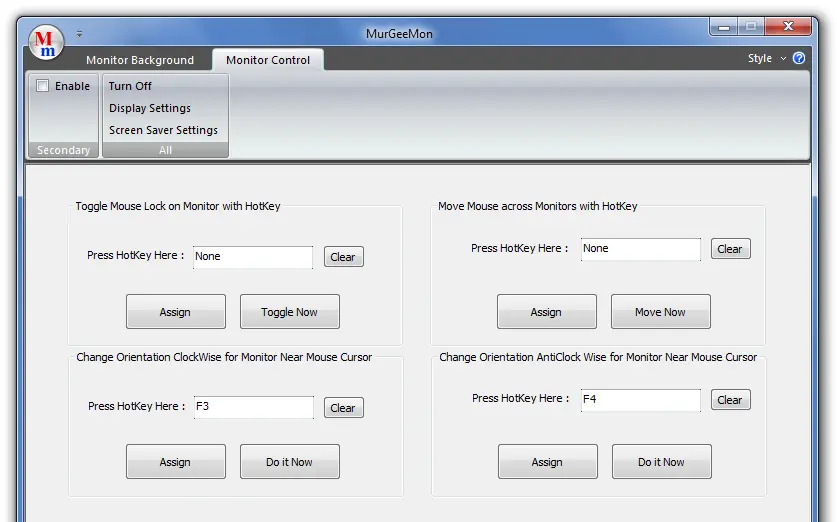 Screenshot of Monitor Control tab to enable / disable secondary monitor, lock mouse on one monitor, move mouse across monitors with hot key, turn off all multiple monitors at once, change monitor orientation and more.