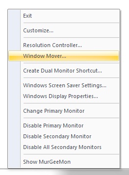 System Tray Menu of Dual Monitor Software for Window Mover