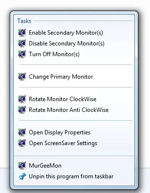 Screenshot displaying JumpList tasks of MurGeeMon on Windows