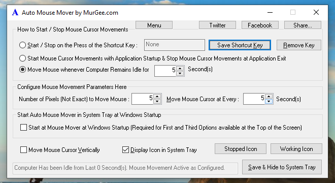 Main Screen of Auto Mouse Mover Software Utility