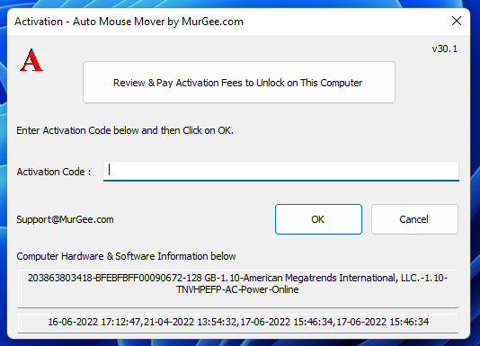 Activation Screen of Auto Mouse Mover by MurGee.com