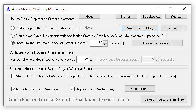 Auto Mouse Mover Utility's Main Screen