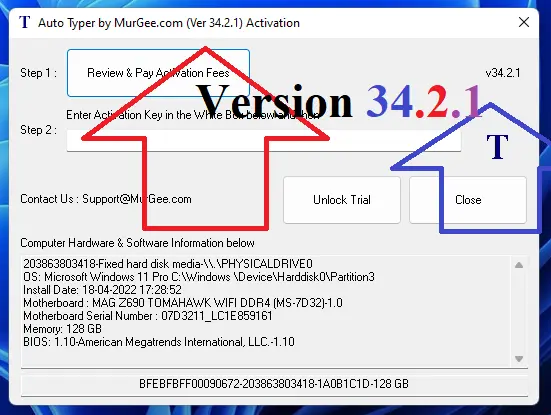 Auto Typer Activation Screen to Get Activation Key and Unlock Trial of Auto Typer by MurGee.com