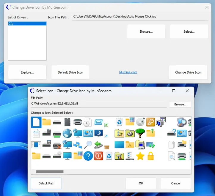 Screenshot displaying selection of hard drive and browsing for a new icon