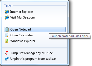 Initial Jump List created by the Jump List Software on Windows 7