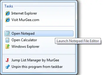 Initial Jump List created by the Jump List Software on Windows
