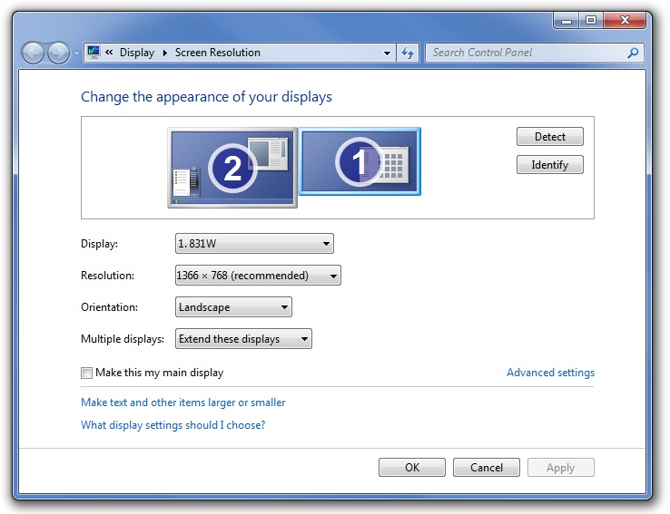 Screenshot displaying Windows 7 Screen resolution page to extend the display area with two monitors connected to the computer