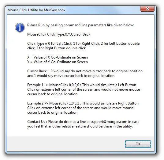 Screenshot of a screen that displays command line usage of Mouse Click utility