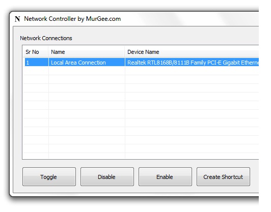 Network Controller Window to view Network Connections and enable / disable LAN Connections