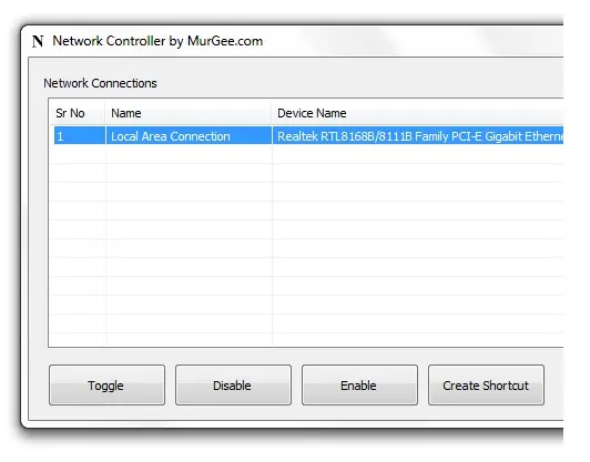 Network Controller Window to view Network Connections and enable / disable LAN Connections