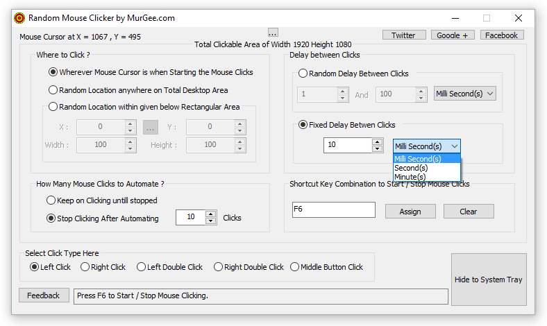 Main Screen of Mouse Automation Software with Random and Fixed delay and location options