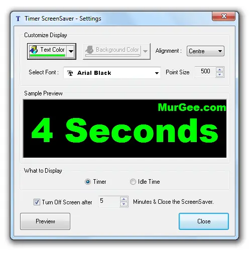 The Screenshot displays available configurable options of Timer Screensaver