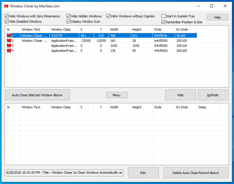 Main Screen of Window Closer